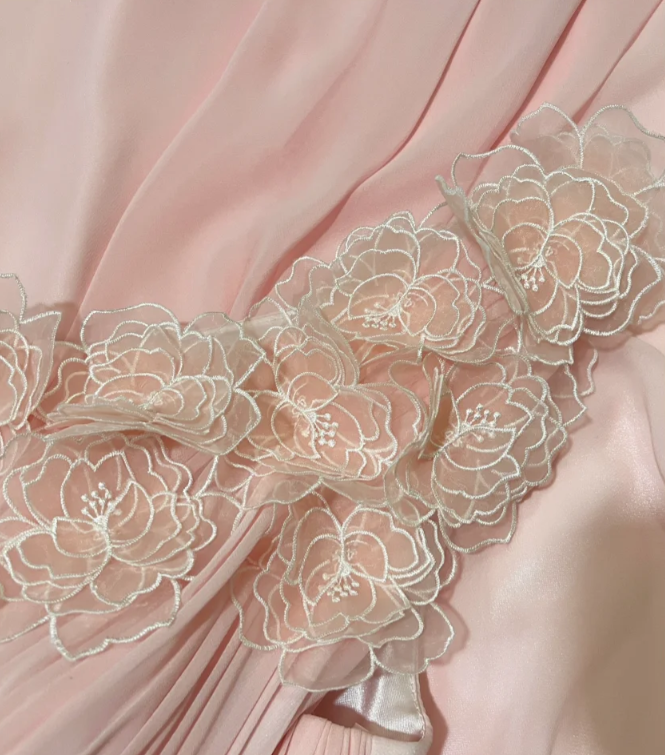 Classy Pink One Shoulder Chiffon Pleated Appliques Long Party Dress Prom Dress Formal Wedding Guest Dress D21114