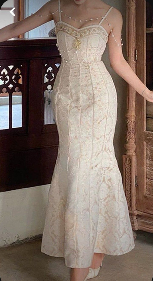 Chic Light Pink Spaghetti Straps Satin Print Floral Mermaid Long Party Dress Evening Dress D1984