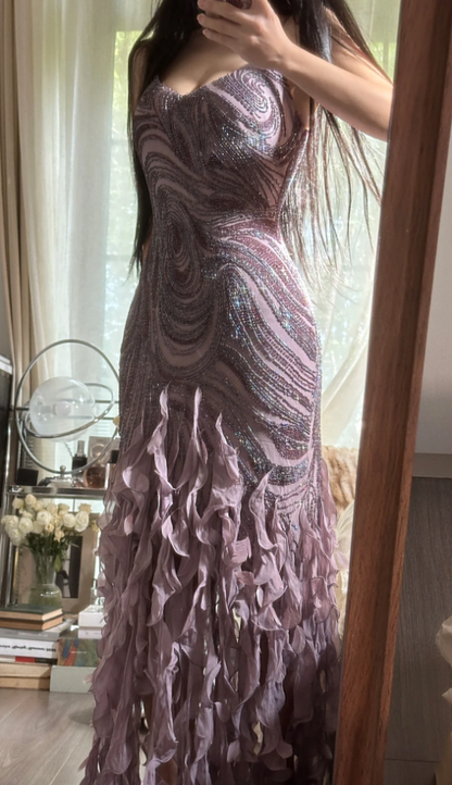Vintage Purple Spaghetti Straps Chiffon Beaded Ruffles Mermaid Long Party Dress Birthday Prom Dress D2306
