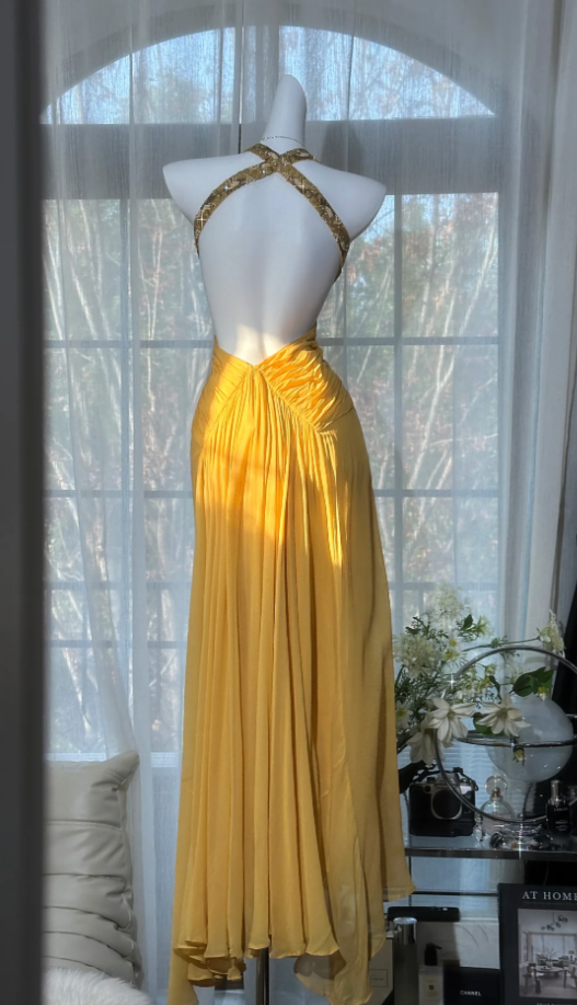 Pretty Lemon Yellow Halter Beaded Mermaid Backless Long Evening Dress Party Dress D2195