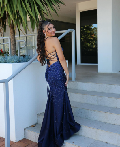 Sexy Navy Blue V Neck Satin Beaded Mermaid Long Party Dress Formal Wedding Guest Dress SP1353