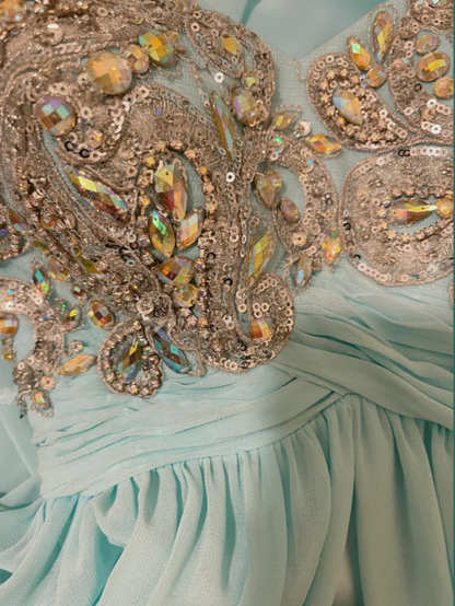 Pretty Strapless Blue Satin Chiffon Beaded Long Wedding Guest Dress Formal Birthday Party Dress D2132