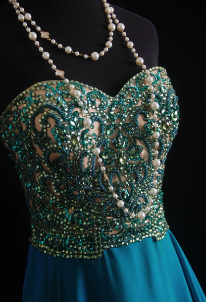 Unique Blue Green Strapless Satin Beaded Long Wedding Guest Dress Formal Birthday Party Dress Prom Gown