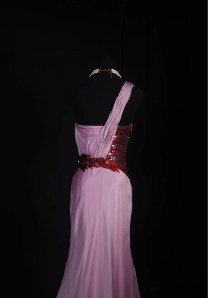 Pretty One Shoulder Chiffon Satin Mermaid Long Wedding Guest Dress Formal Birthday Party Dress With Appliques D2248