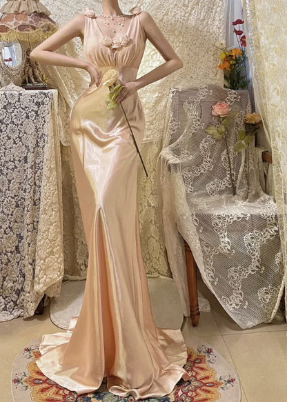 Pretty Pink V Neck Satin Mermaid Long Wedding Guest Dress Formal Birthday Prom Dress Party Gown