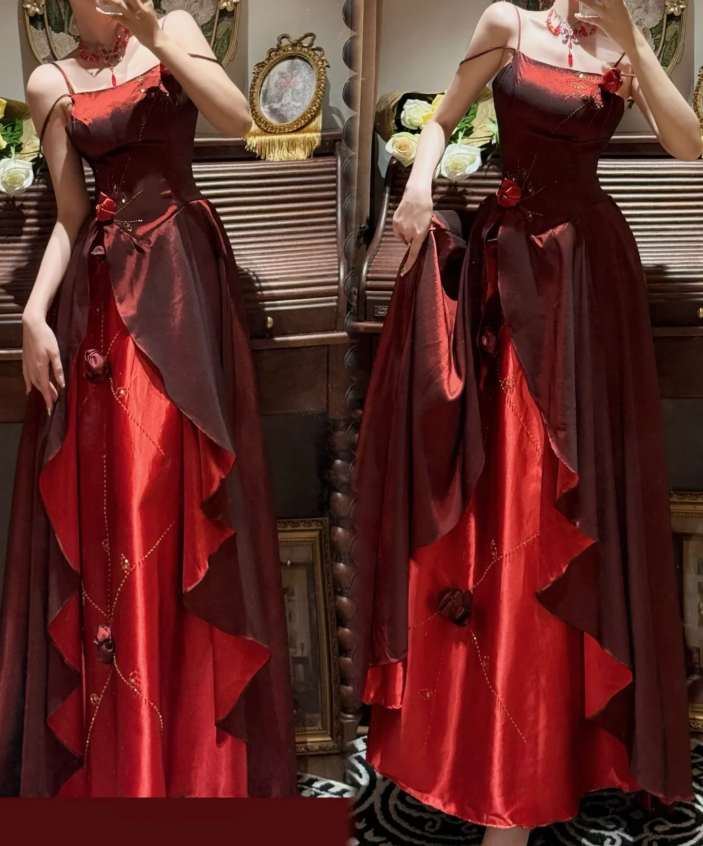 Vintage Spaghetti Straps Satin Beaded A Line Long Wedding Guest Dress,Burgundy Birthday Party Dress With 3D Flowers D2053