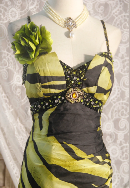 Unique Spaghetti Straps Green Chiffon Beaded Mermaid Long Prom Dress Evening Dress D2251