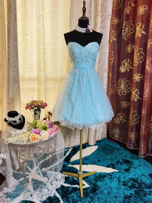 Elegant Strapless Blue Tulle Sequin Appliques A Line Short Homecoming Dress 19th Birthday Outfits SP80
