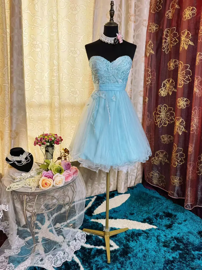Cute Strapless Light Blue Tulle Appliques A Line Short Graduation Homecoming Dress 20th Birthday Outfits D726