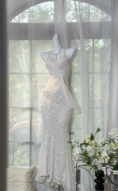 Shiny White Halter V Neck Sequin Beaded Mermaid Prom Gown Backless Long Party Dress