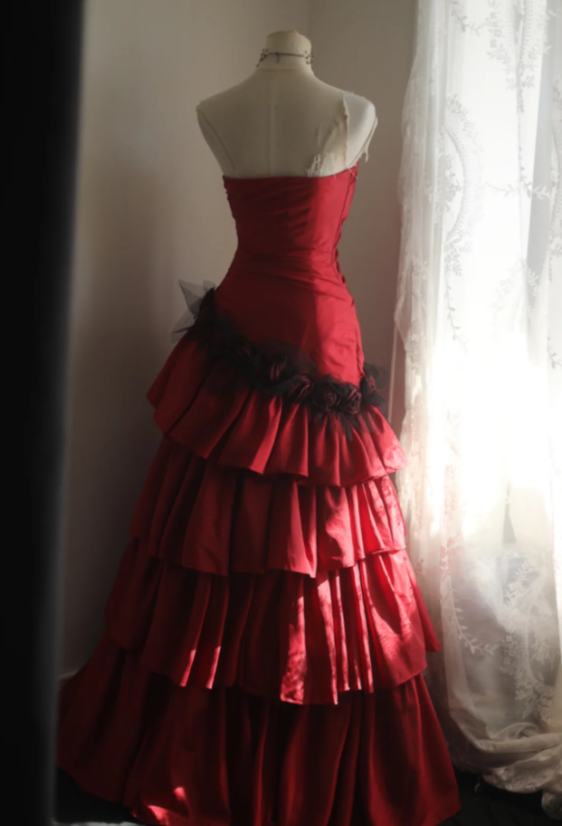 Vintage Red Strapless Satin Layered Mermaid Evening Dress Long Party Dress D2311