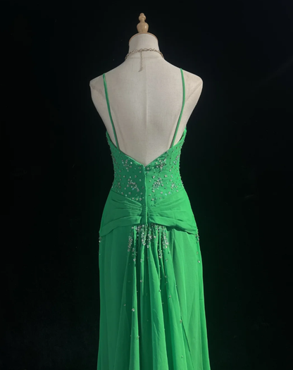 Stylish Green Satin Pleated Beaded Mermaid Long wedding Guest Dress Formal Evening Dress SP1387