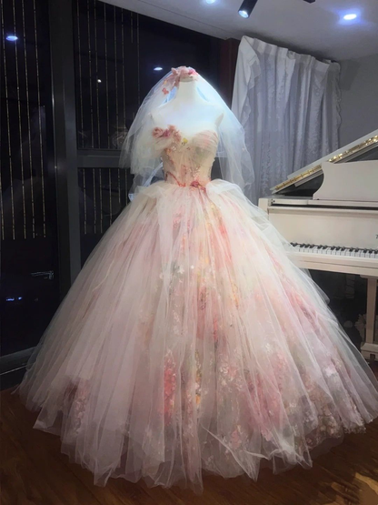 Pretty Strapless Ball Gown Tulle Floral Long Wedding Dress With Veil