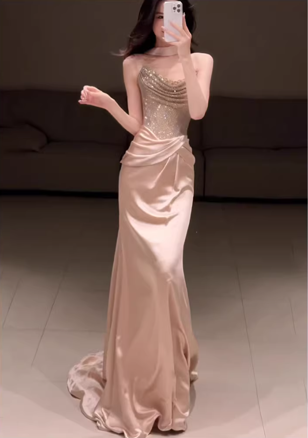 Elegant Strapless Sequin Satin Pleated Mermaid Long Party Dress Birthday Prom Dresses D2219