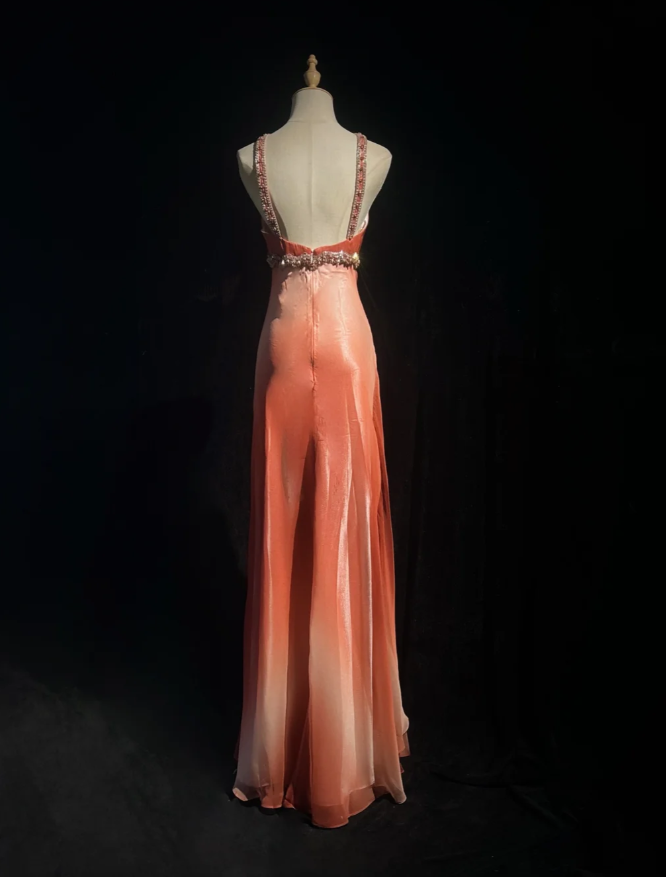 Chic Ombre Orange Chiffon Beaded Long Party Dress Evening Gowns