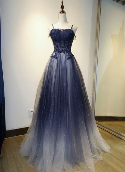Elegant Ombre Navy Blue Tulle Appliques Straps Long Evening Dress, A-Line Tulle Prom Dresses Y1807