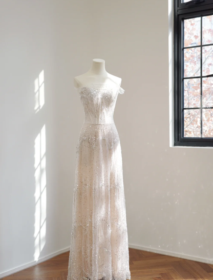 Pretty Off The Shoulder Tulle Sequin A Line Long Party Dress Evening Dress D2169