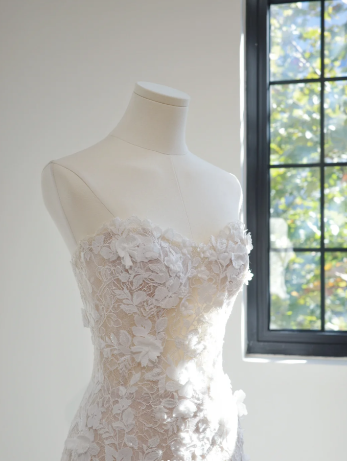 Charming White Strapless Lace Floral Mermaid Long Wedding Dress Formal Bridal Dress D2152