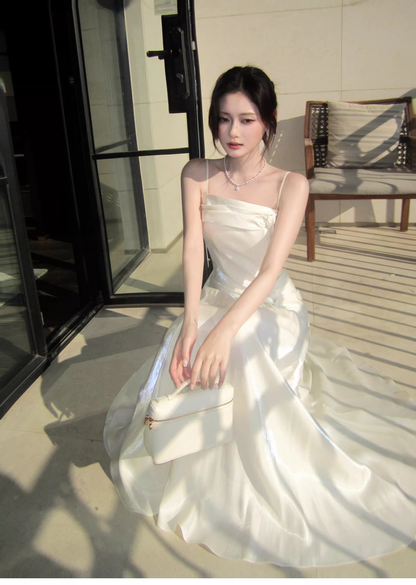 Pretty Spaghetti Straps Light Apricot Satin A Line Long Wedding Guest Dress Formal Birthday Party Dress Prom Gown SP1501
