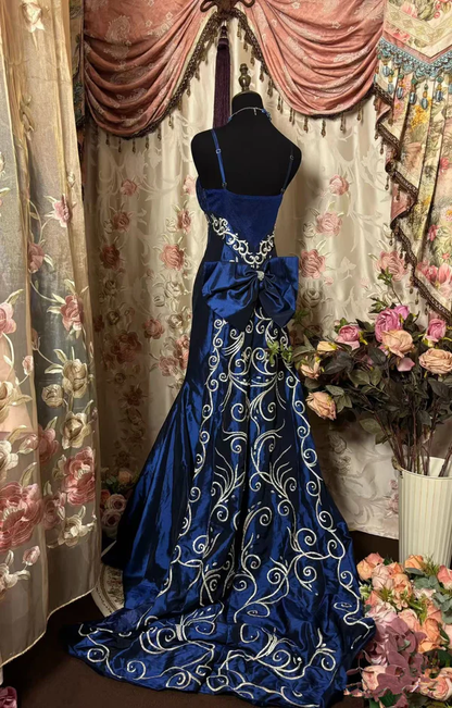 Vintage Spaghetti Straps Blue Satin Beaded Mermaid Evening Dress Long Prom Gown