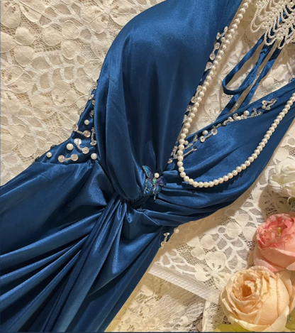 Fashion V Neck Navy Blue Satin Beaded Mermaid Long Party Dress Evening Dress D2107