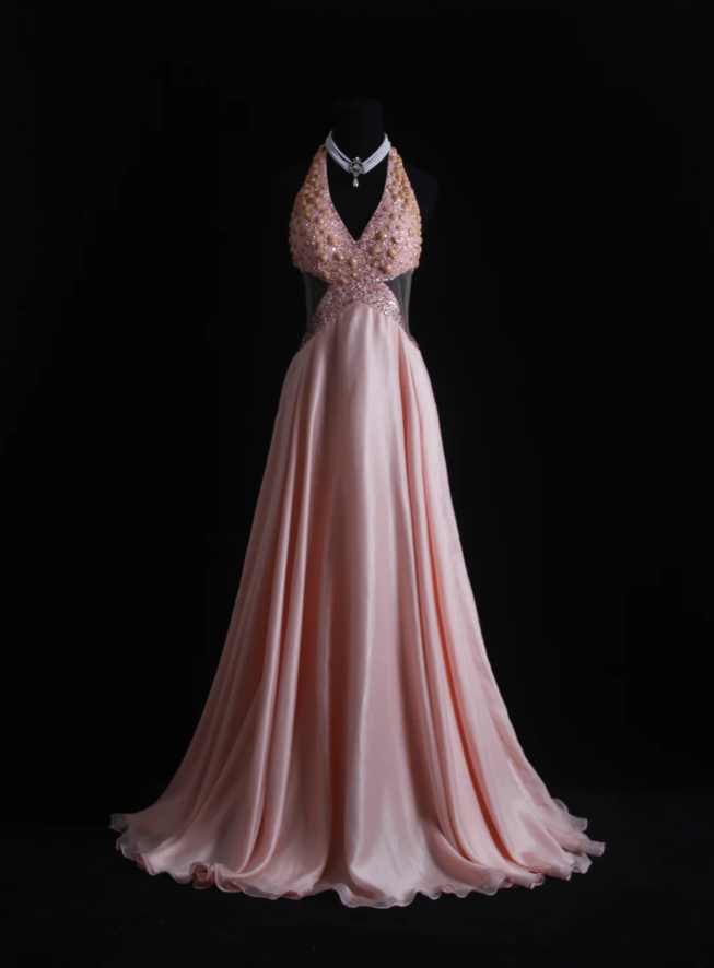 Gorgeous Pink Halter V Neck Satin Beaded Mermaid Long Party Dress Backless Evening Dress D1998
