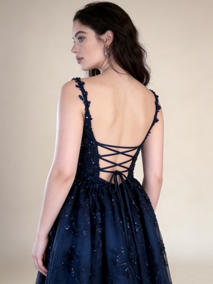 Navy Blue Straps A-Line Lace Long Prom Dress Evening Gown MD7844