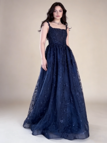 Navy Blue Straps A-Line Lace Long Prom Dress Evening Gown MD7844
