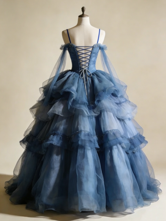 New Arrial Ball Gown Blue Spaghetti Straps Pleated Tulle Prom Dresses Quinceanera Dress Evening Gala Gown      D4793