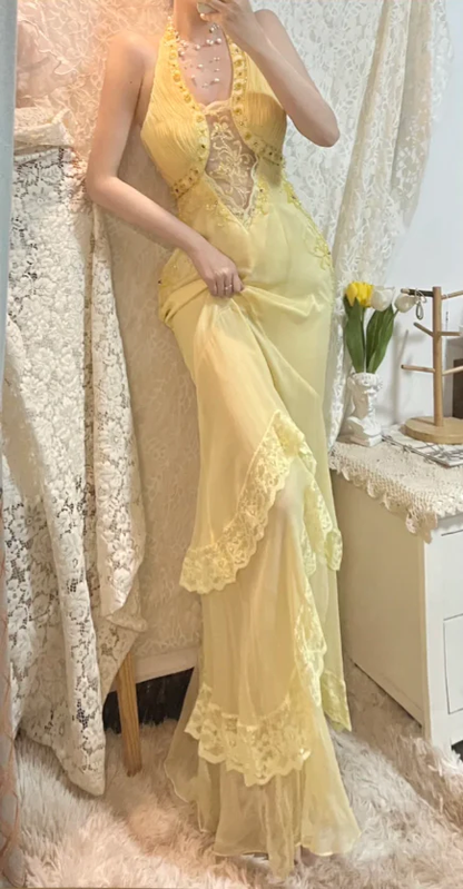 Classy Halter Yellow Lace Chiffon Beaded Mermaid Long Evening Gown Party Dress