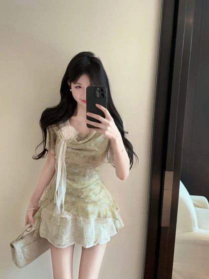 French lace three-dimensional flower collar chiffon shirt summer new sweet halter neck R3390