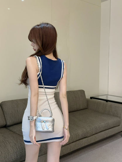 Summer navy style low collar deep v knitted hip-wrapped hot girl dress first love short skirt R3150