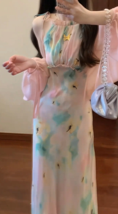 Gentle temperament oil painting floral dress beautiful waist slim fit small skirt R0629
