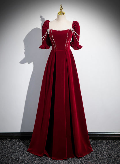 Wine Red A-line Velvet Long Bridesmaid Dress, Wine Red Long Prom Dress