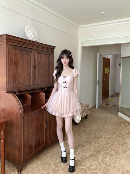 Cute Suqare Neckline Lace Tiered Draped Short Prom Dress Homecoming Dress with Bowknot  D1754