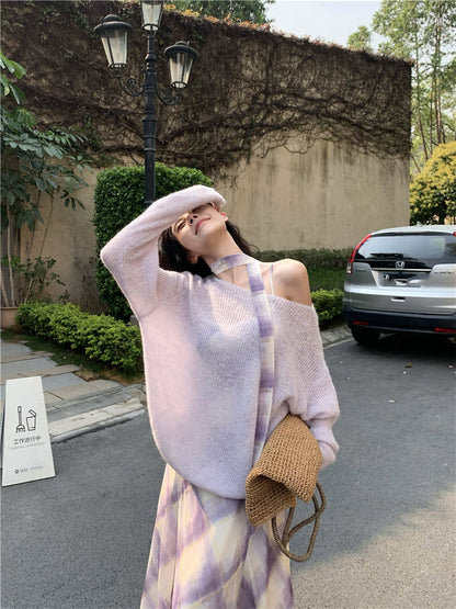 Gentle temperament purple plaid suspender dress beautiful waist A-line long skirt R0734