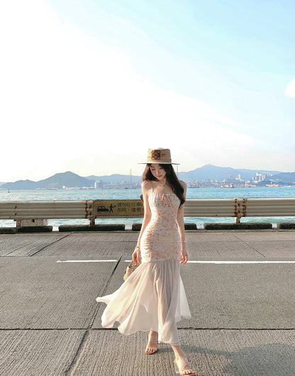 Design sense waist floral sling fishtail dress big swing gauze skirt long summer R3908