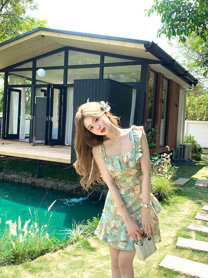 Green oil painting waist dress holiday design suspenders floral dress women summer R3909