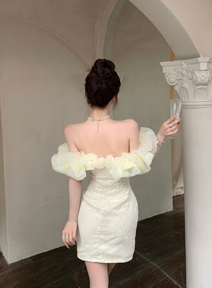 Temperament flower one-shoulder dress niche design banquet small dress R0797