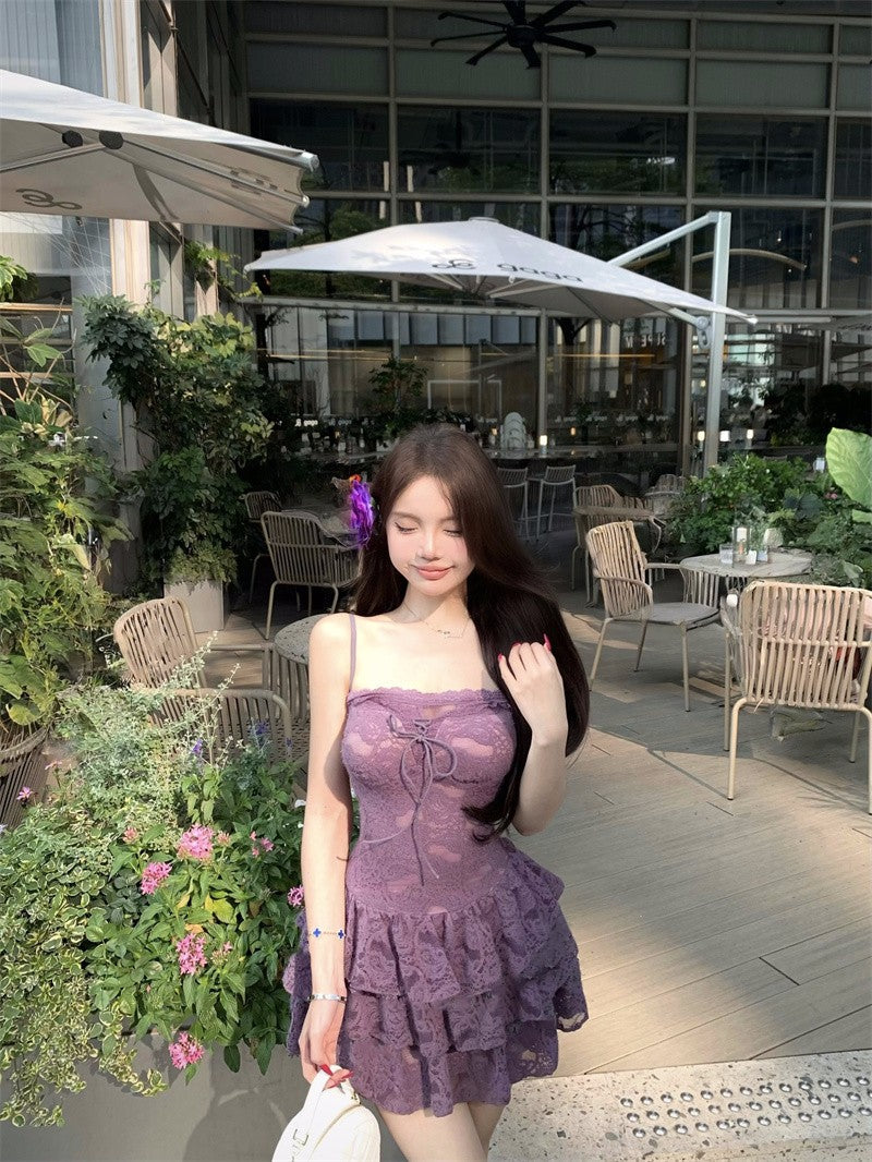 Sexy purple suspender dress with elegant waist and slimming A-line short skirt R0541