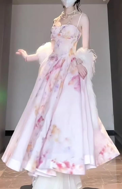 Gentle temperament pink floral suspender dress beautiful waist dress R0685