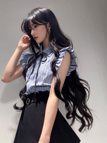 Suit gentle temperament beautiful blue shirt flower bud shorts two-piece suit R0824