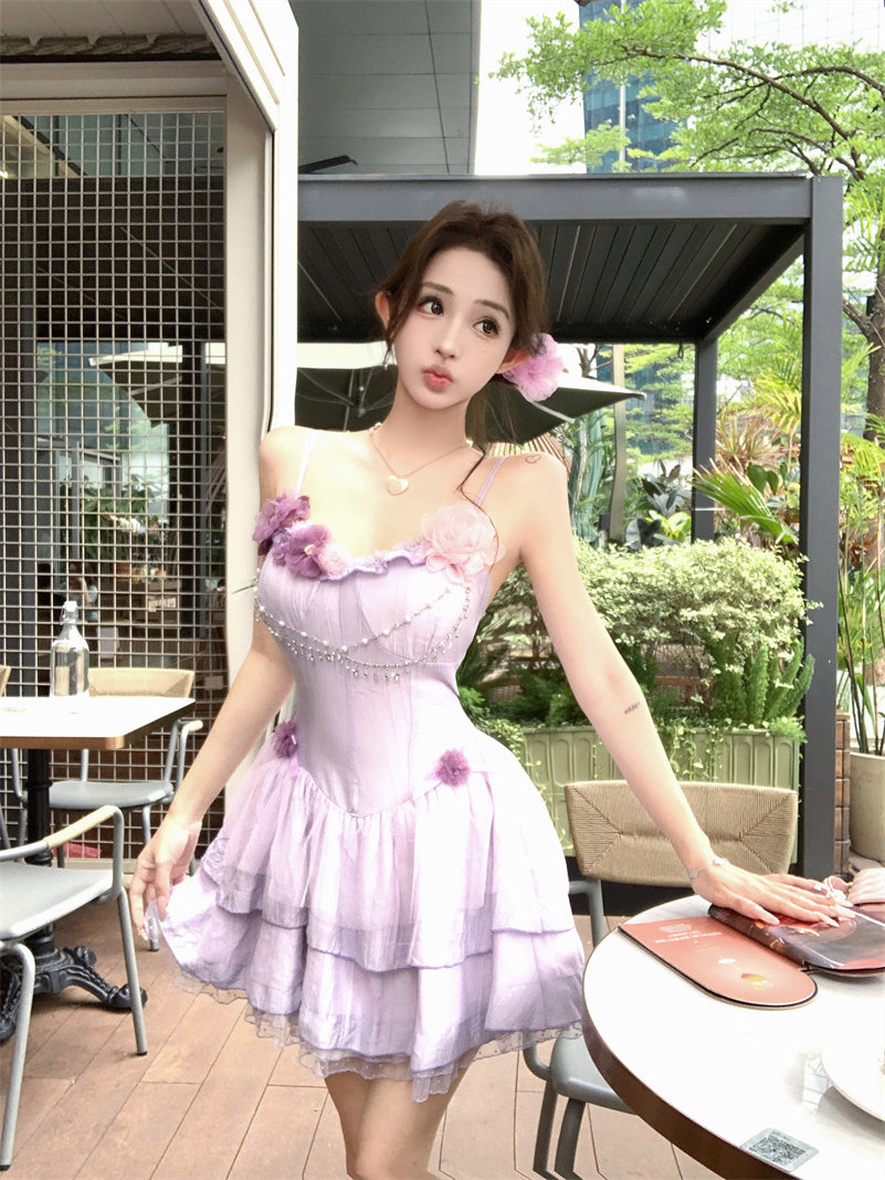Purple suspender dress 2025 new style waist slim cake short skirt R0667