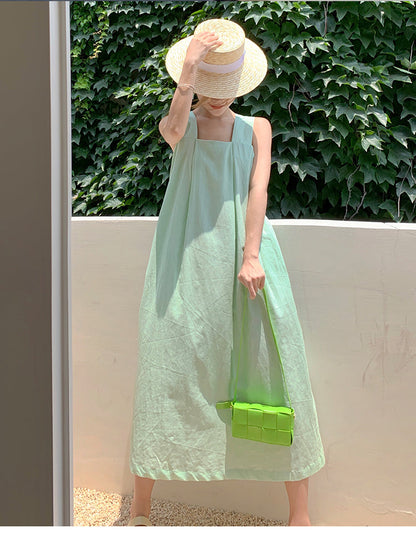 French cotton and linen suspender dress holiday seaside skirt travel long skirt suspender skirt R0195
