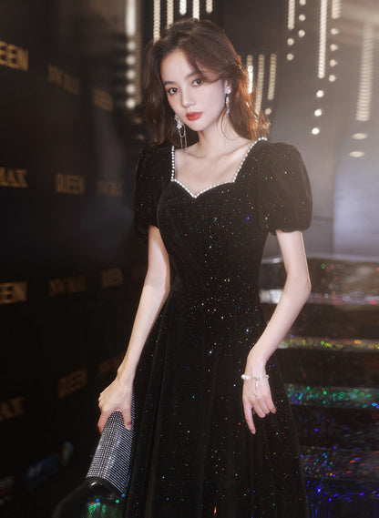 A-line black Velvet Simple Wedding Party Dress, Black Short Sleeves Prom Dress