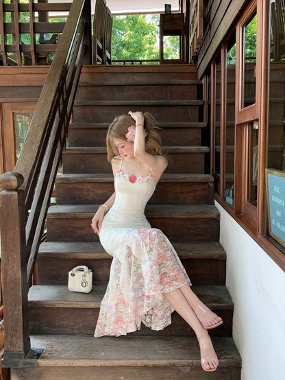 Summer fishtail design floral long skirt with suspenders for holiday R3868