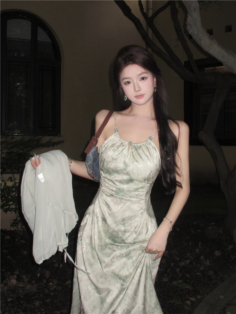 Green suspender halter dress unique chiffon sunscreen cardigan two-piece set R0616