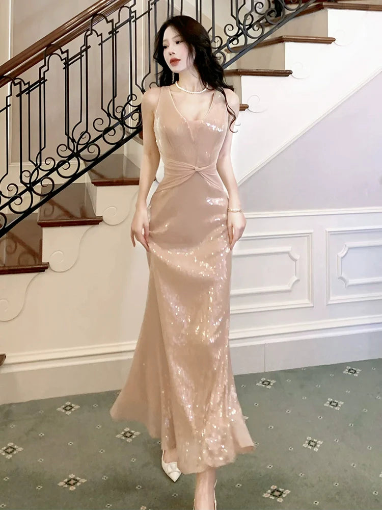 sequined dress V-neck long party dress     S6031