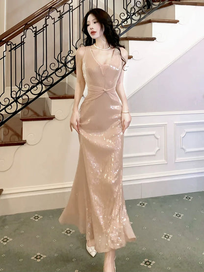 sequined dress V-neck long party dress     S6031