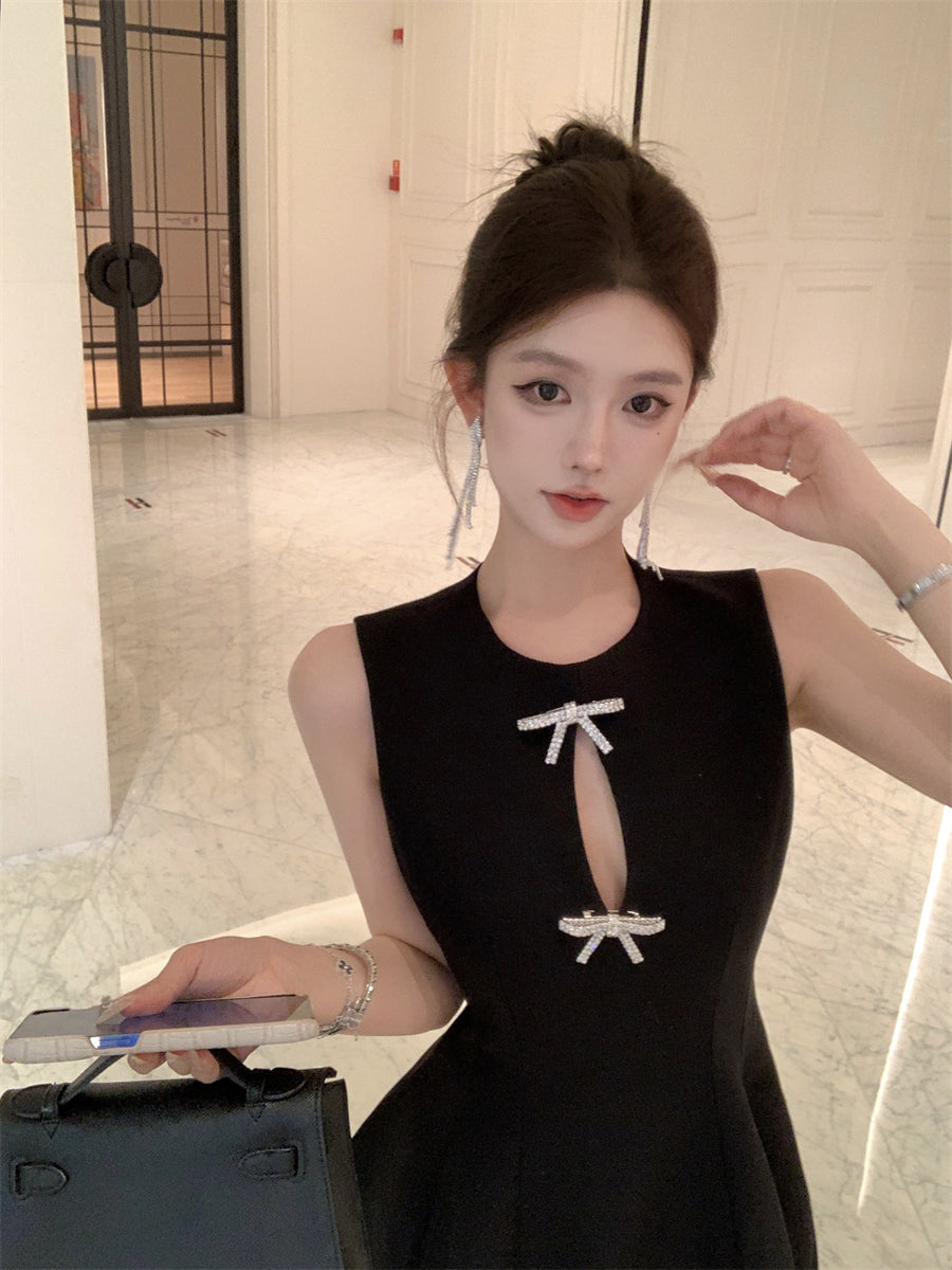 Temperament little black dress bow vest dress waist A-line small dress R0536